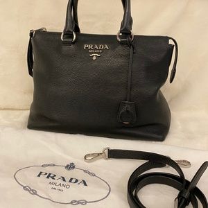 Authentic Prada vitello daino leather 3 way tote in black